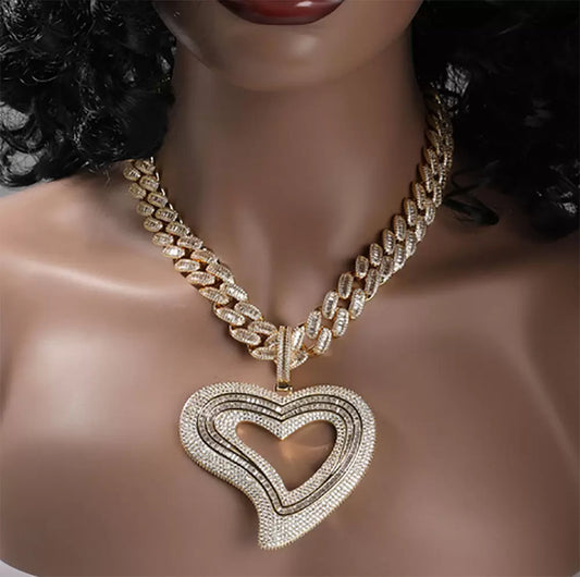 14K Gold Iced Out Big Size Hollow Heart Pendant Necklace Bling Cubic Zirconia Diamonds Cuban Chain