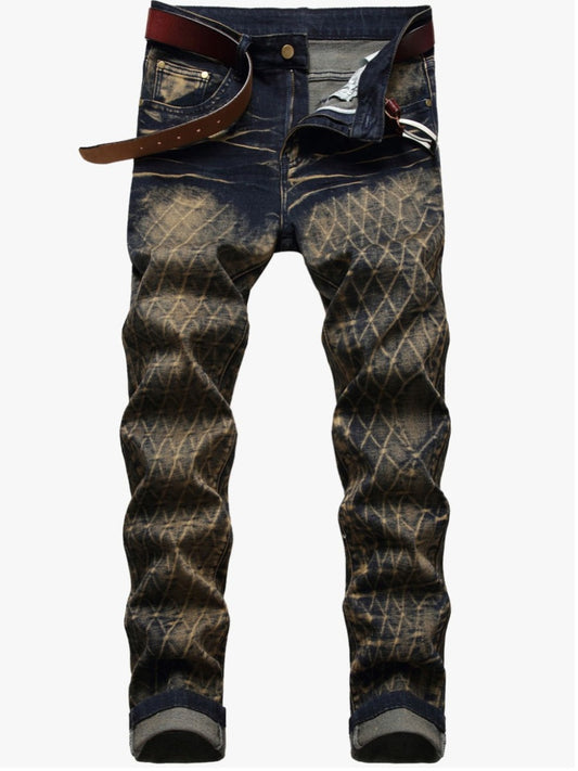 Men Street Stretchy Denim Plaid Pattern Jeans